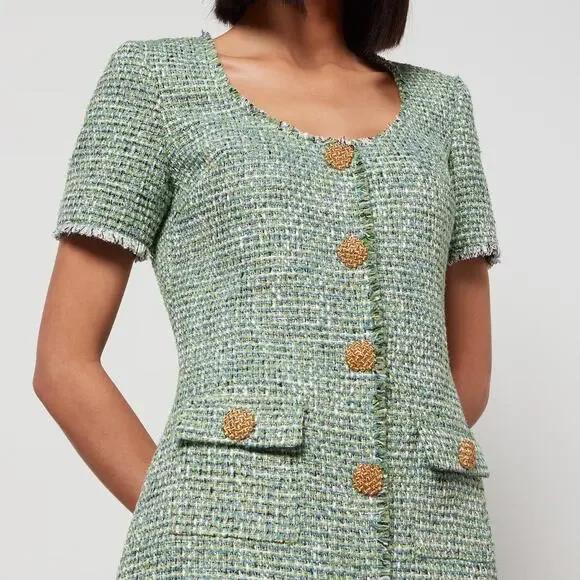 Self-Portrait Green Boucl Tweed Mini Dress Short Sleeve Button Front Sz 10  NWT